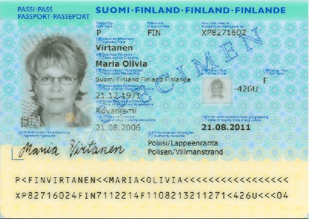 The image of the inside of the passport of Finland