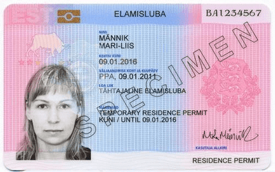 The image of the front side of the residence permit of Estonia