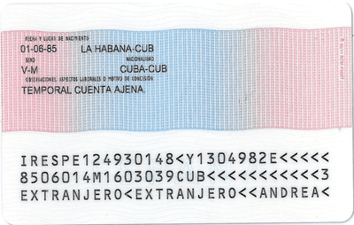 The image of the back side of the residence permit of Spain