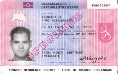 The image of the front side of the residence permit of Finland