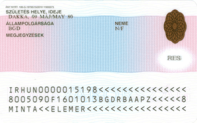 The image of the back side of the residence permit of Hungary