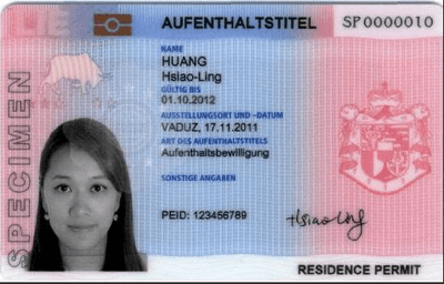 The image of the front side of the residence permit of Liechtenstein