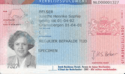 The image of the front side of the residence permit of Netherlands