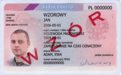 The image of the front side of the residence permit of Poland