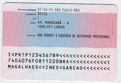 The image of the back side of the residence permit of Portugal