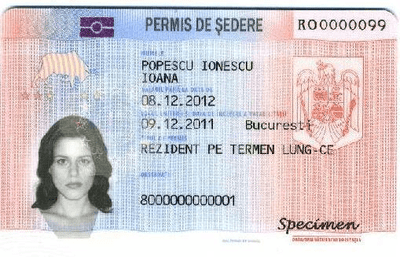 The image of the front side of the residence permit of Romania