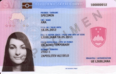 The image of the front side of the residence permit of Slovenia